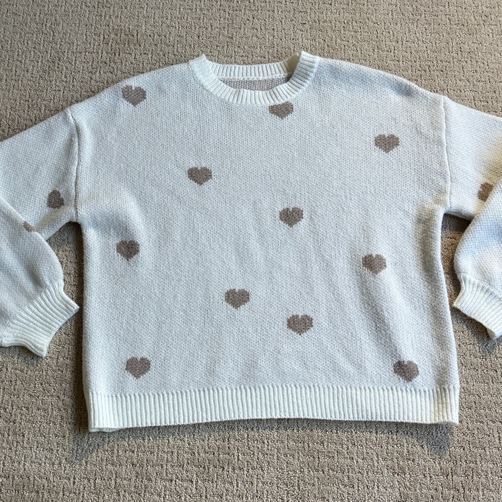 White Heart Pattern Sweater Womens Fall Top Small